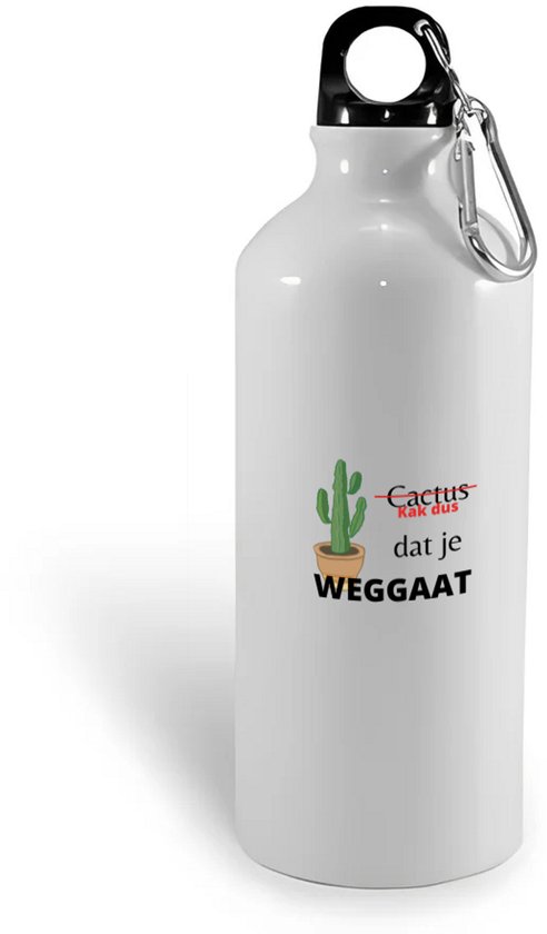 Bouteille d'eau blanche avec image de cactus et texte 'Cactus, merde alors que tu partes'