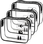 Lot de 3 trousses de toilette transparentes pour bagages à main, homologuées TSA, étanches, capacité de 1 litre, accessoires de voyage pour hommes et femmes - Zwart