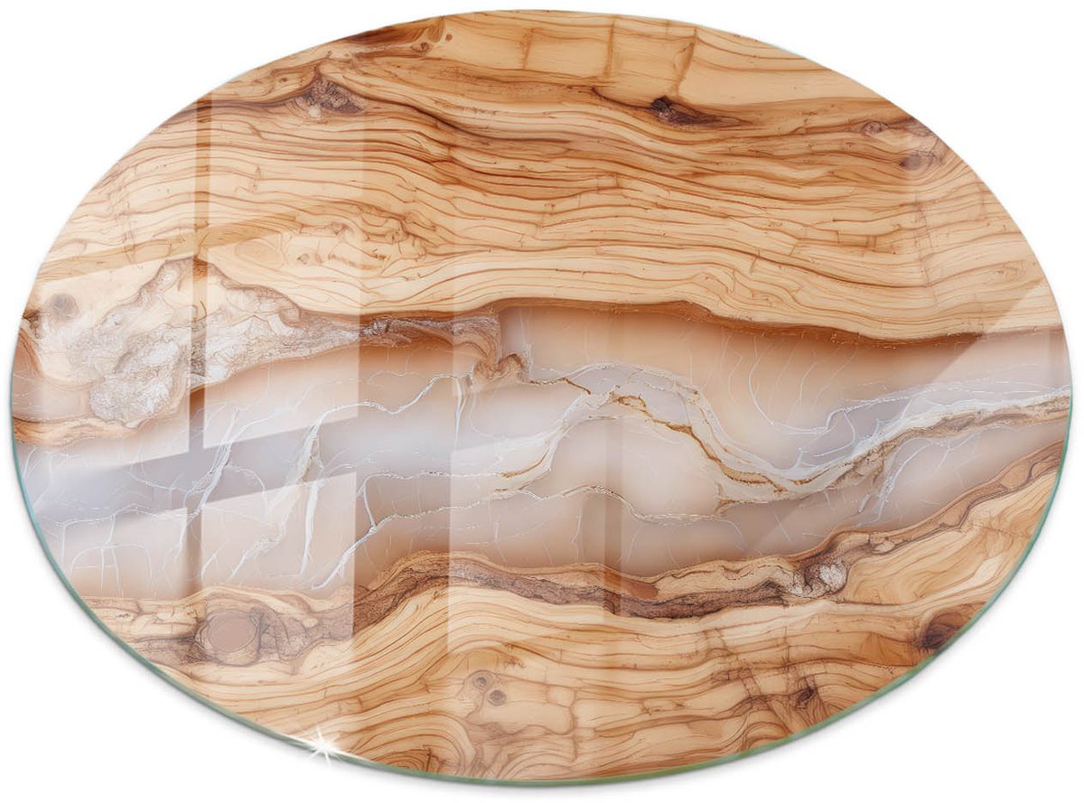 Tulup Tafelblad Glas - Natuurlijk Hout Met Hars Veiligheidsglas - 60 cm - Beige Gehard Glas - Rond Tafelblad Glas - Glazen Tafelblad Geschikt voor de Keukentafel - Glazen Plaat