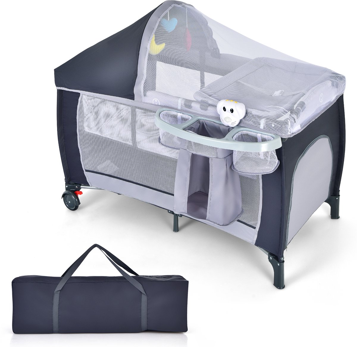 COSTWAY Campingbedje, 4 in 1 inklapbaar reisbed met commode, mobiel ledikanten baby met matras, speelboog, muziekdoos, klamboe, luier mandje en draagtas 60 x 120 (grijs)