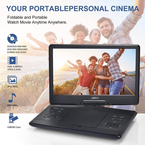 RFWR® Draagbare DVD Speler voor Auto en Kinderen - 14 inch HD Scherm, Oplaadbare Batterij en Draaibaar Ontwerp — afbeelding 4