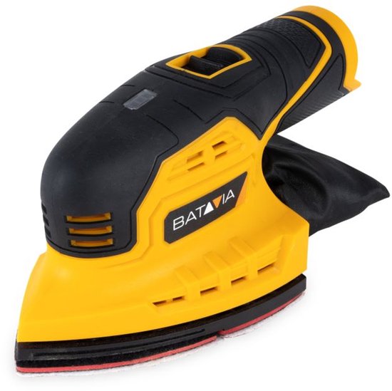 Ponceuse multifonction sans fil Batavia 12 V - Batterie Li-ion 4,0 Ah / Chargeur rapide 2,4 A inclus - Poignée ergonomique à prise souple - Système velcro pour le changement - Sac collecteur de poussière inclus - Fixxpack