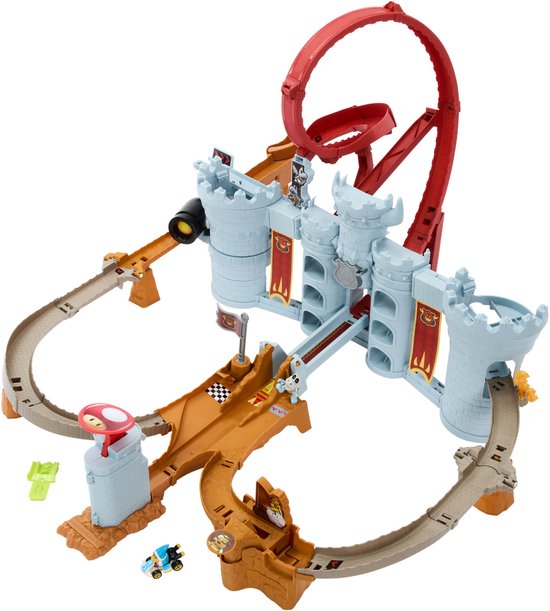 Hot Wheels Mario Kart Bowser's Castle Raceway met Mario, Luigi en een grote rode lus.