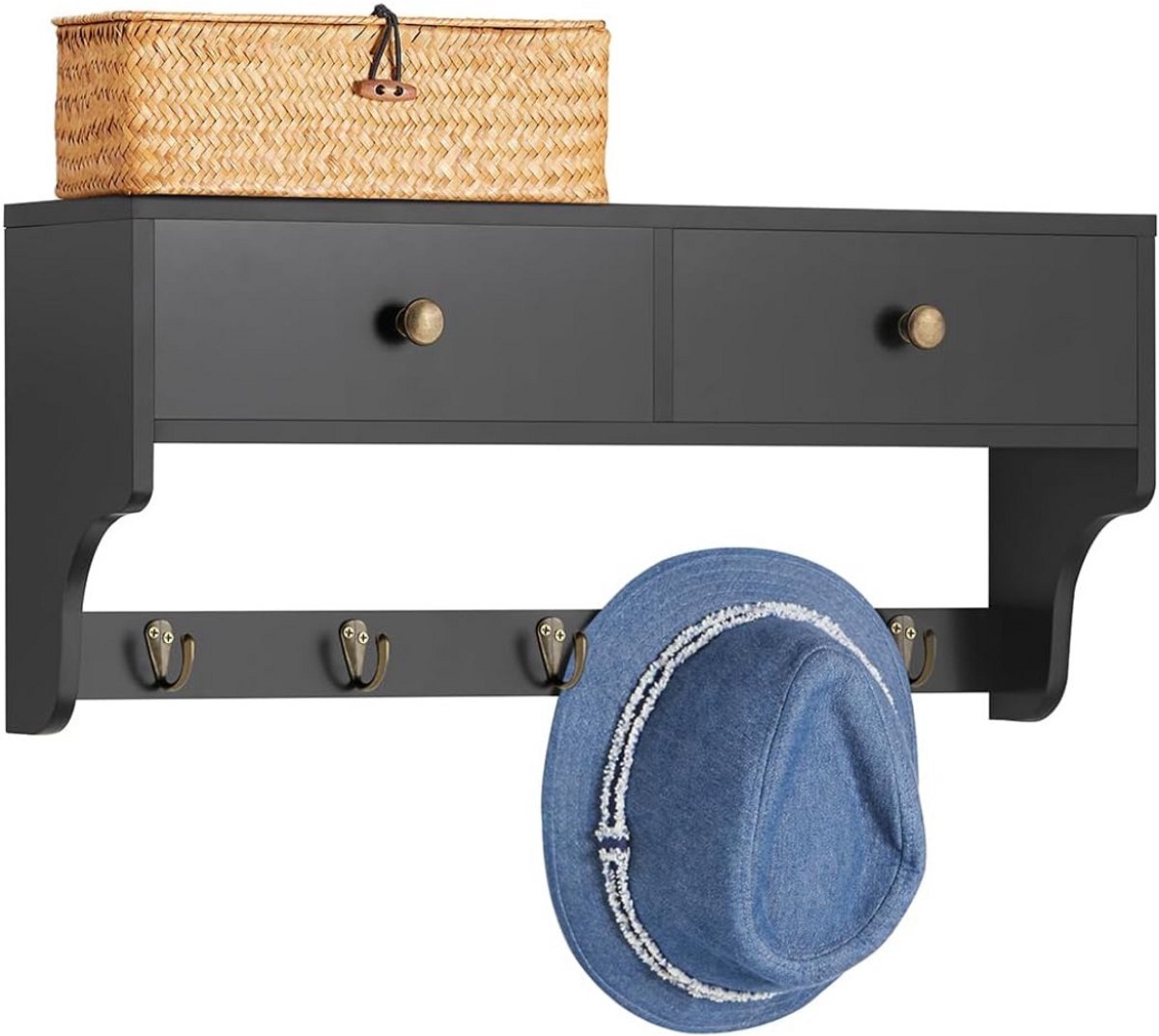 Thuys – Wandkapstok Met Hoedenplank – Kapstok – 60cm x 15cm x 27cm – Zwart