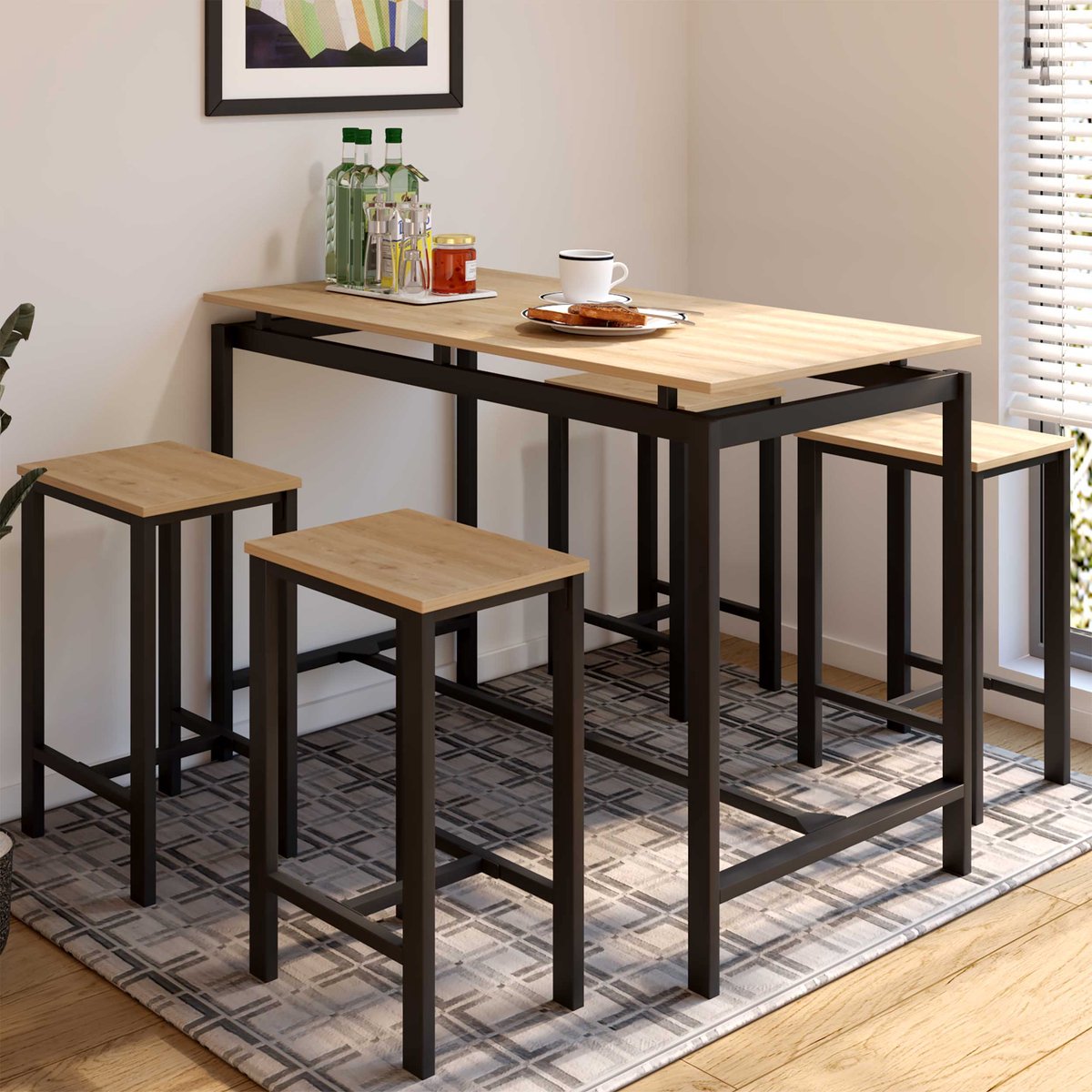 Bartafel Joel - Met Vier Barkrukken - Eikdecor/zwart