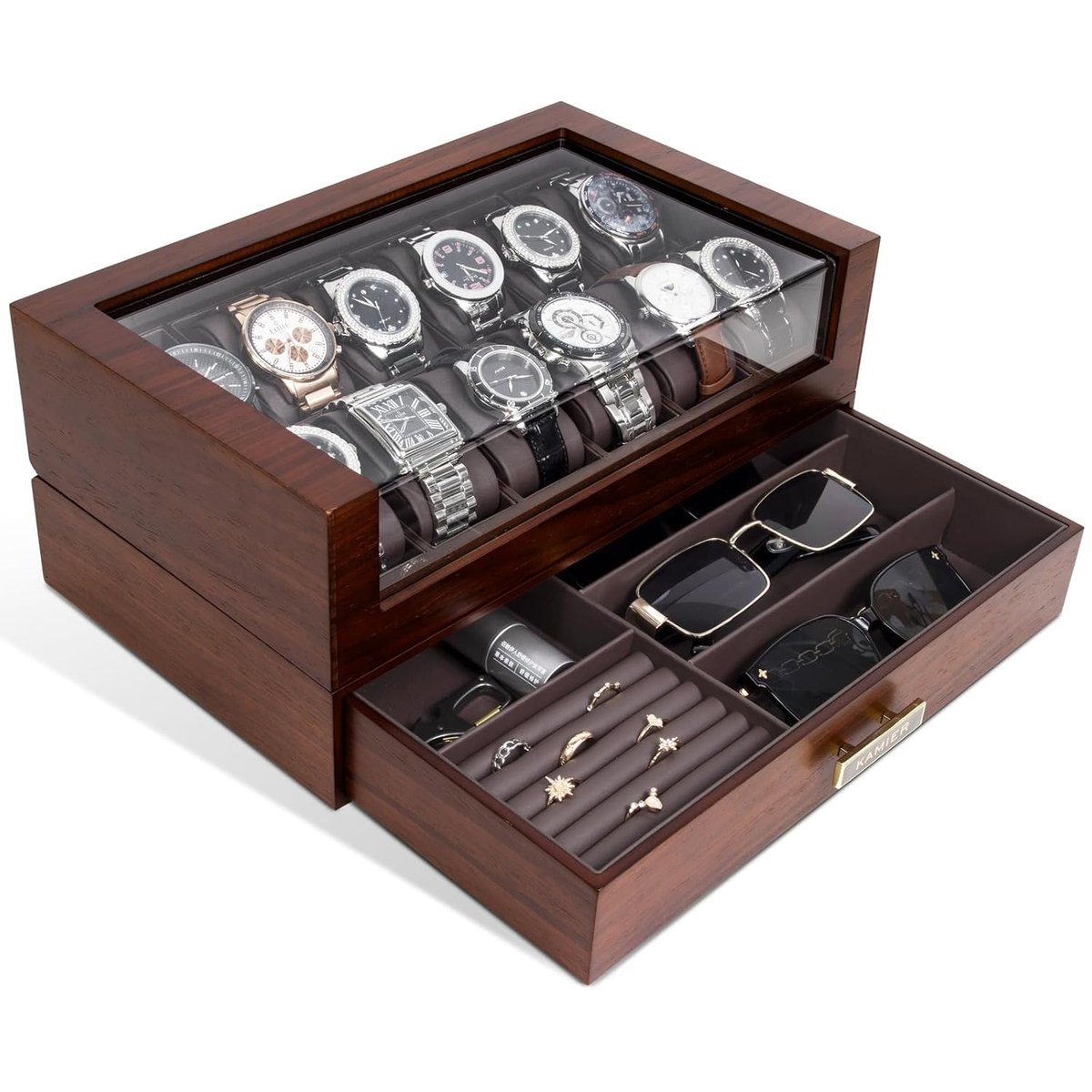 Luxe horlogedoos - 360 graden display - 1 stuk - bruin - massief hout