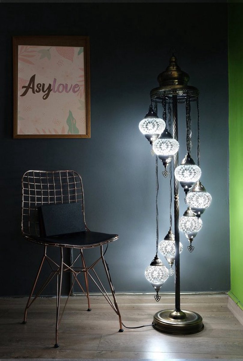 Handmade vloerlamp - Turkse staandelamp met 7 bollen - Mozaïek wit - Warme kleuren met ster