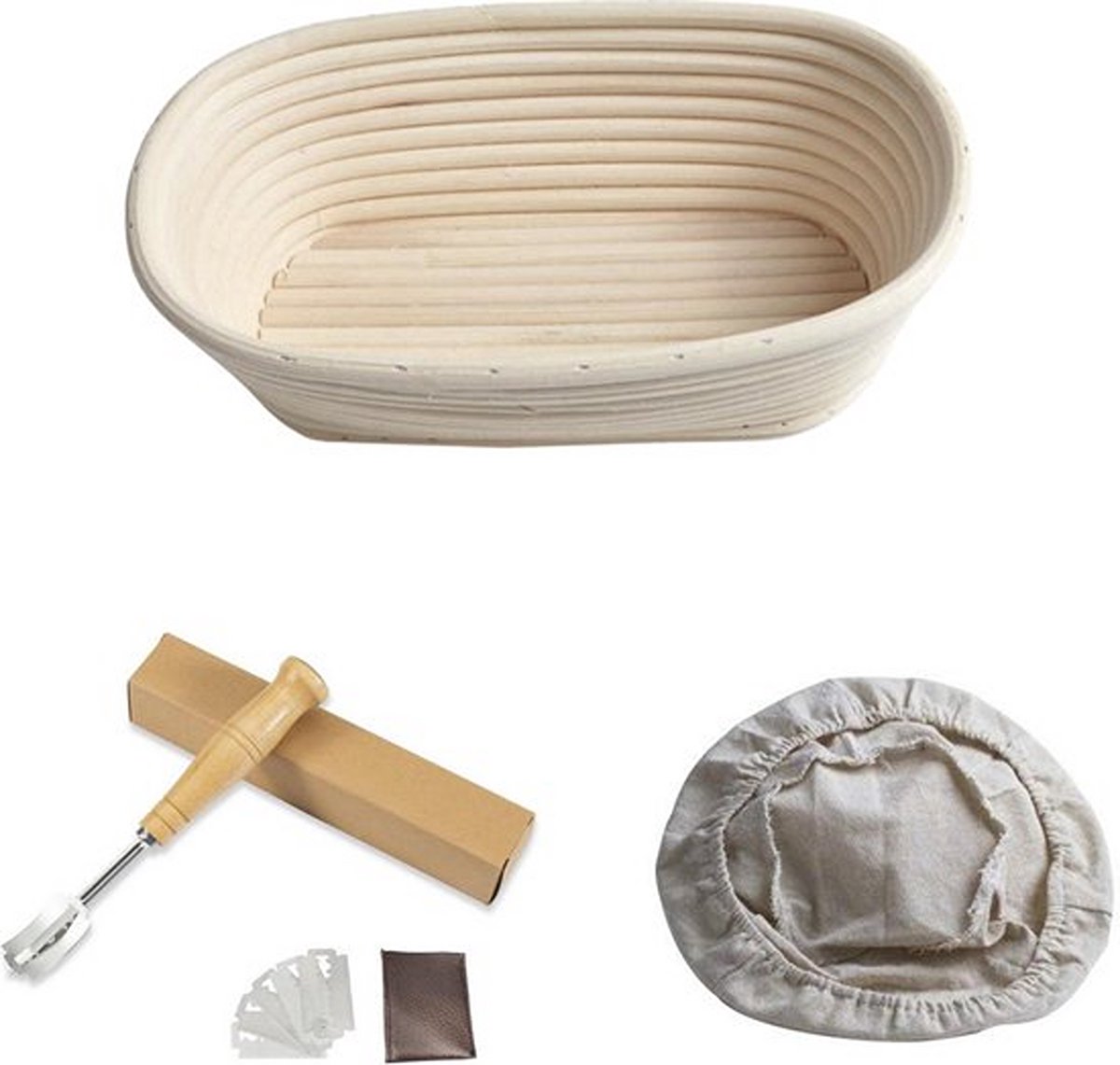 Knaak Rijsmandje Ovaal - 25 x 14 cm - Inclusief Deegmesje & Deegkleed - Banneton voor Zuurdesem