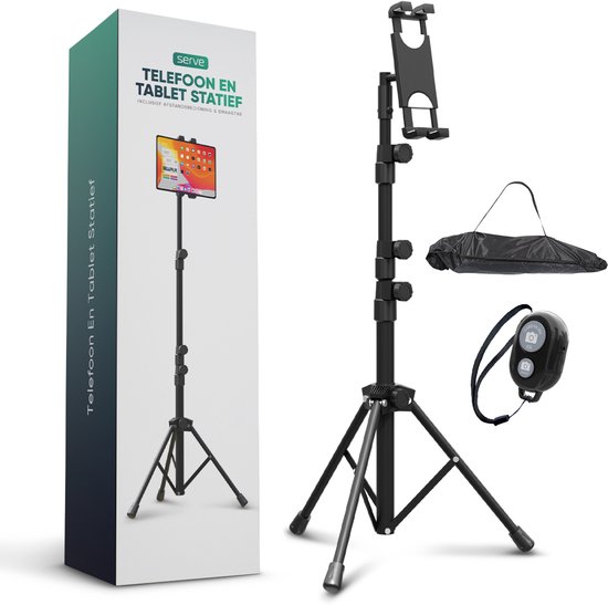 Serve Tablet Standaard - Tripod Houder Statief voor Smartphone & Tablet - Incl. Draagtas & Bluetooth Remote - iPad Tablethouder Lessenaar Aluminium - Zwart