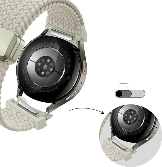 Hoe de gebroken witte, geweven band met lichtgroene gesp aan de smartwatch wordt bevestigd.
