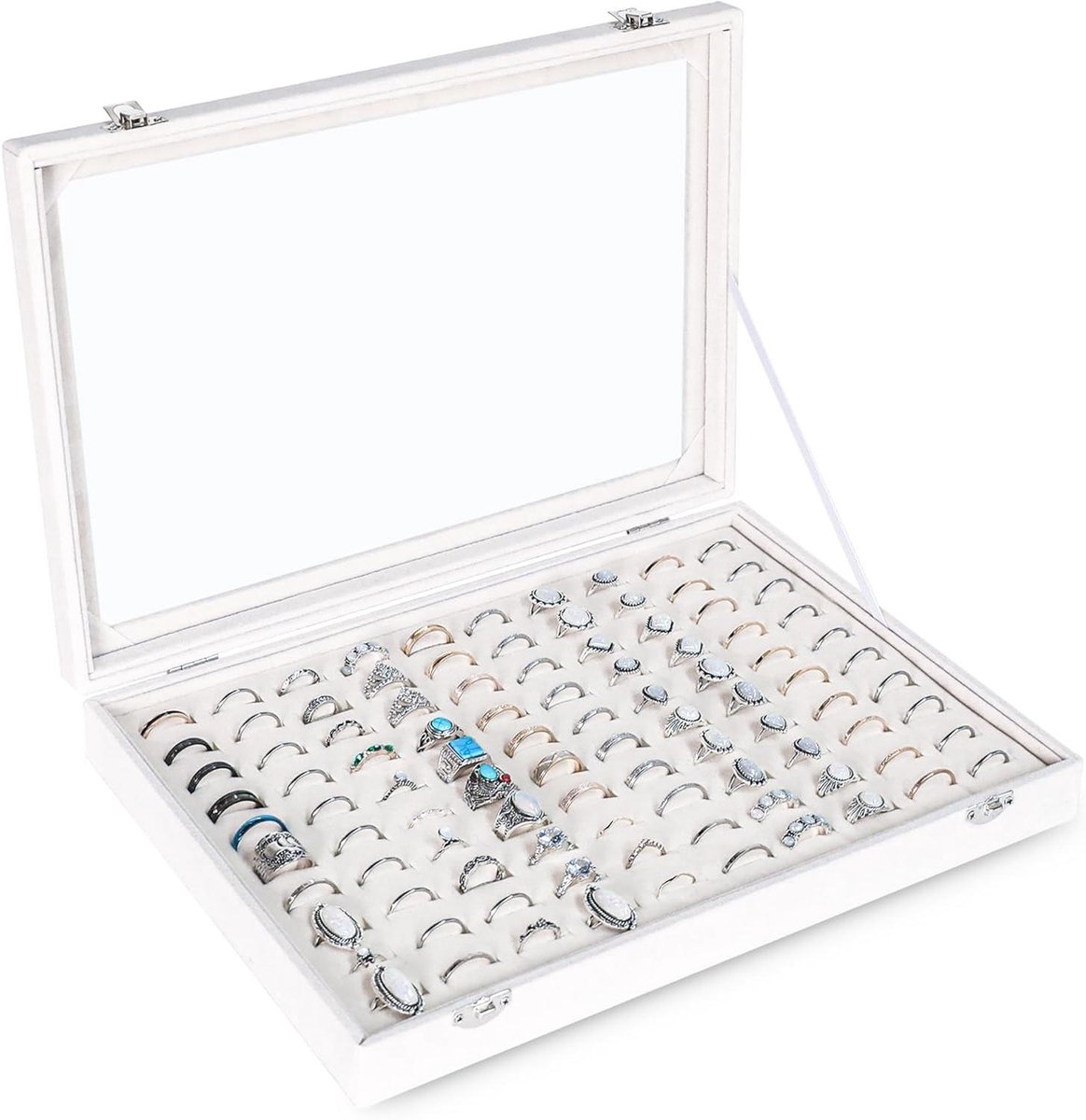 Allecto Premium - Ring Organizer Tray 100 Slots Ring Houder Transparant Deksel Fluwelen Opbergdoos - Sieraden Winkel Display Case Show Box Vrouwen (Wit)