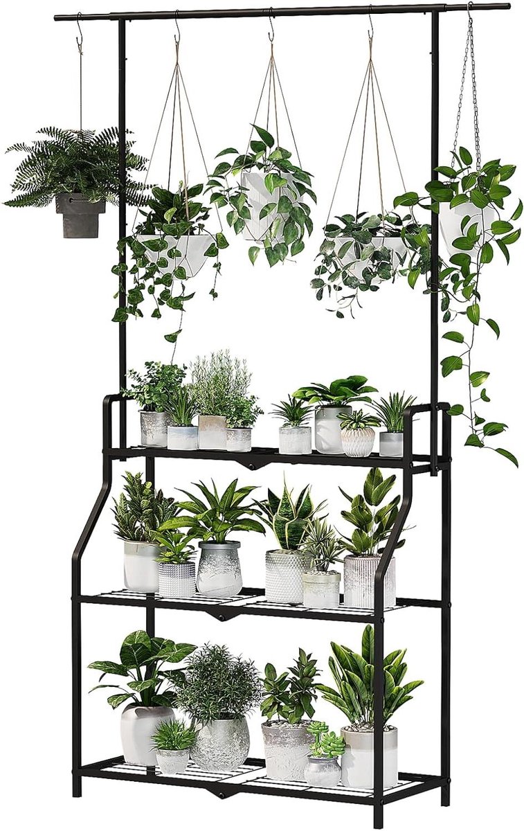 Hangende plantenstandaard voor binnen en buiten, 3 niveaus, plantenplank voor meerdere planten, zware bloempotstandaards - terras, tuin, balkon, woonkamer, slaapkamer.