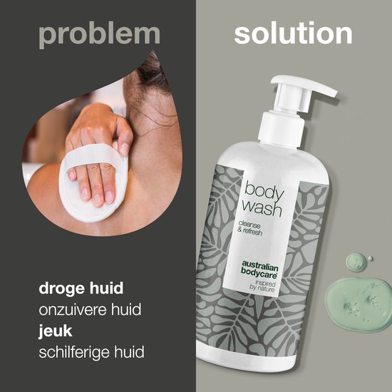 Split image: Links "problem" met een vrouw die haar rug wast met een spons. Rechts "solution" met een body wash fles.
