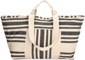 Grote XL strandtas met beige basis en zwart gestreepte patronen. Twee hengsels en een roze label met 'PE-Florence'.