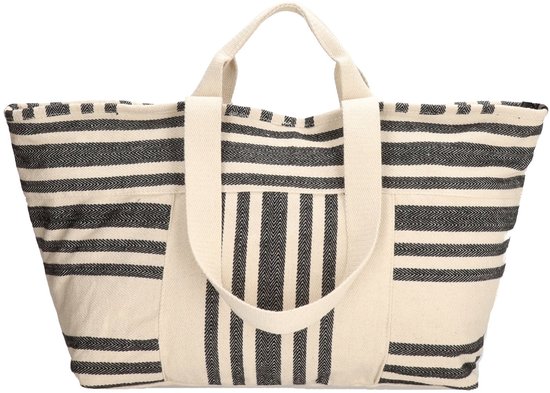 Grote XL strandtas met beige basis en zwart gestreepte patronen. Twee hengsels en een roze label met 'PE-Florence'.