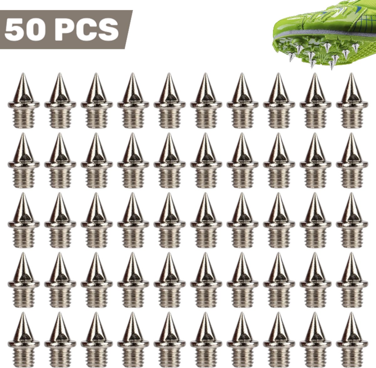 50 stuks - Spikes van 1/4 inch voor spikeschoenen – Puntige hardloopspikes voor atletiek en sprint – Sterke grip en slijtvast – Ideaal voor gebruik op atletiekbanen – Eenvoudig te bevestigen en geschikt voor de meeste spikeplaten