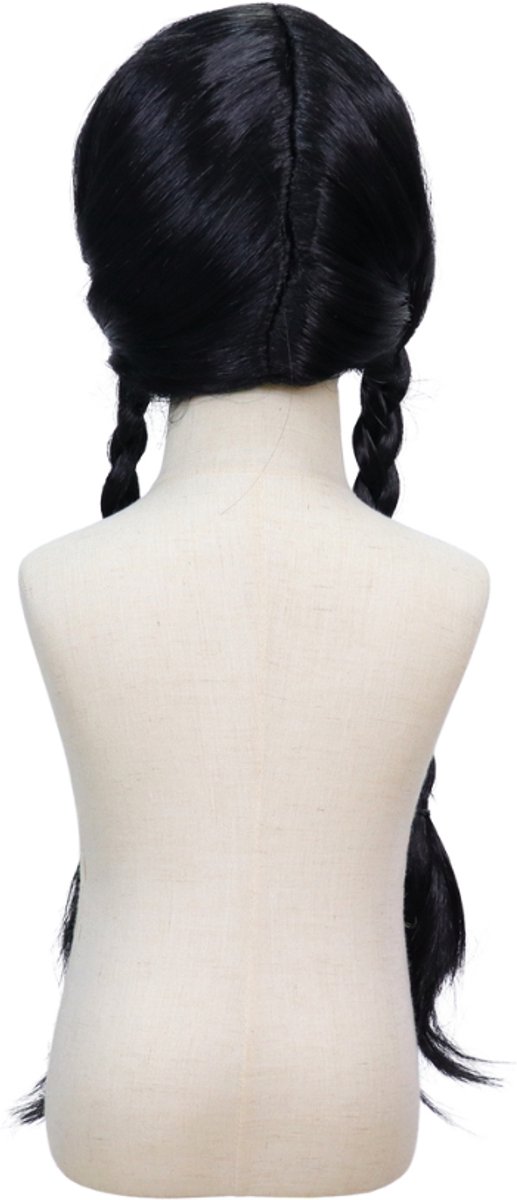 Joya Kids® Zwarte Verkleed Pruik Donker Haar met 2 Vlechten | Pruik Kinderen Lang Zwart Haar met Vlechten | Meisjes verkleedpruik Halloween | Prinses Pruik — afbeelding 6