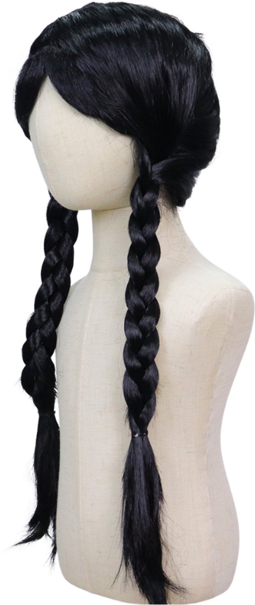Joya Kids® Zwarte Verkleed Pruik Donker Haar met 2 Vlechten | Pruik Kinderen Lang Zwart Haar met Vlechten | Meisjes verkleedpruik Halloween | Prinses Pruik — afbeelding 4