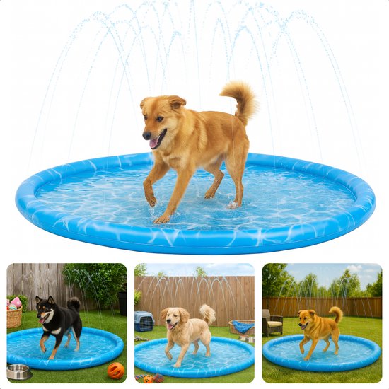 Cheqo® Hondenbad met Sproeiers – Opvouwbaar Hondenzwembad PVC – Waterspeelmat voor Honden – Verkoelende Hondenkoelmat – Blauw Speelbad – Aansluiting Tuinslang – Waterfontein Hond – Waterspeelgoed – 100cm