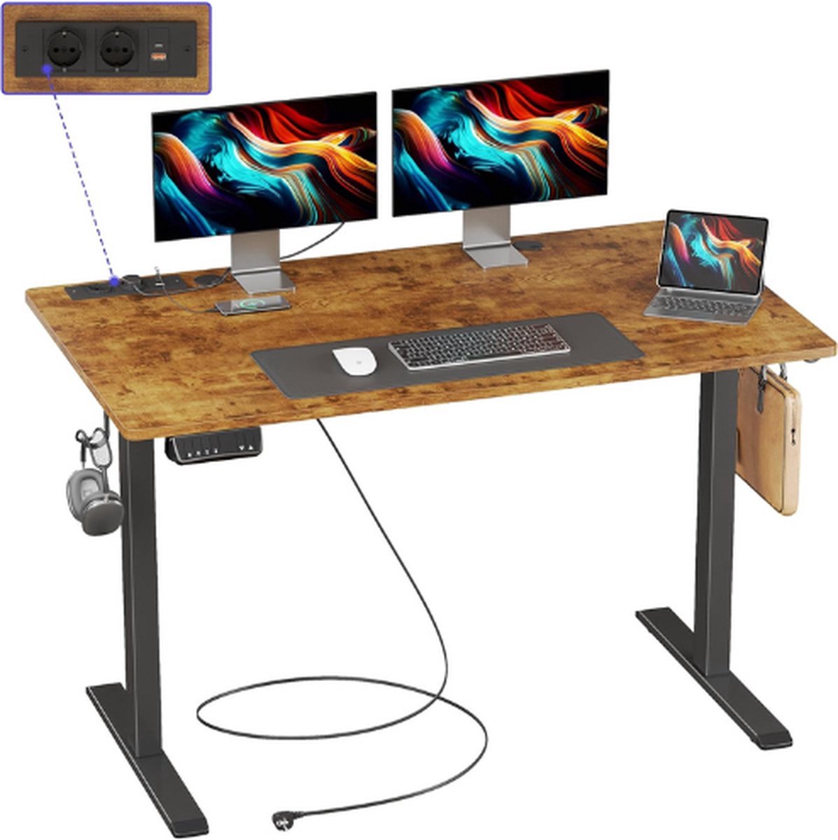 Thuys – Staand Bureau Met Voedingssocket – USB & Type – C – In Hoogte Verstelbaar Bureau – 140cm X 60cm – Antieke Houten Kleur