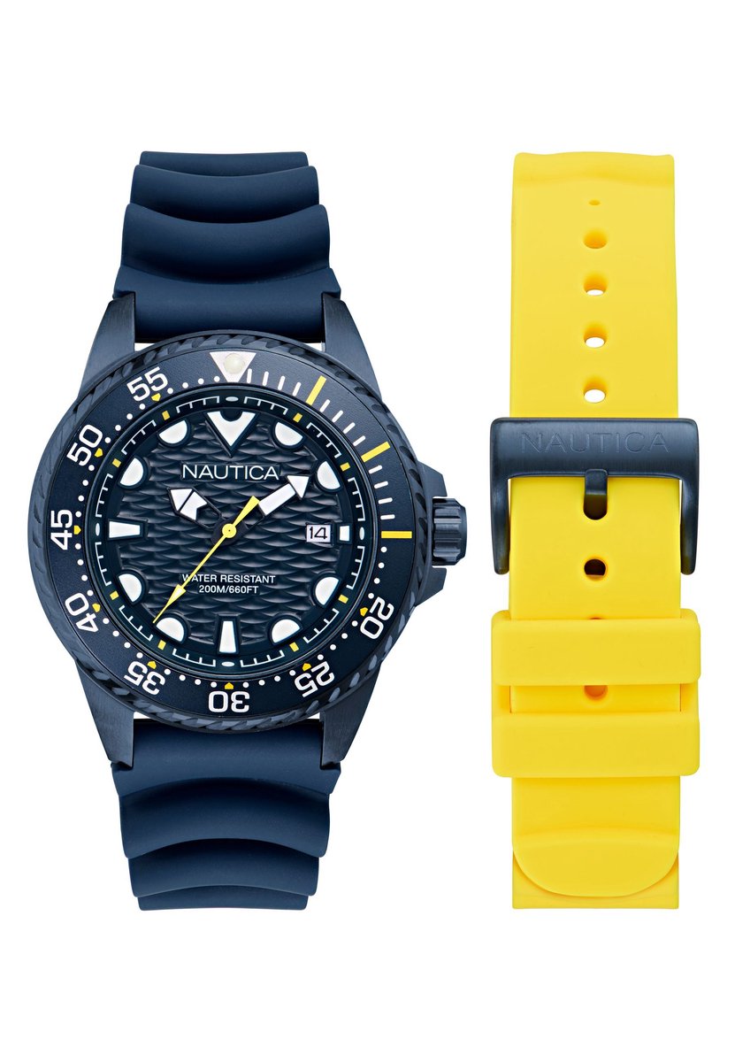 Nautica Nct Sea Dive - Box Set Quartz Analoog Horloge Blauw En Geel Kast: 100% Roestvrij Staal. Armband: 100% Siliconen 46 NAPSDS504, NAPSDS506