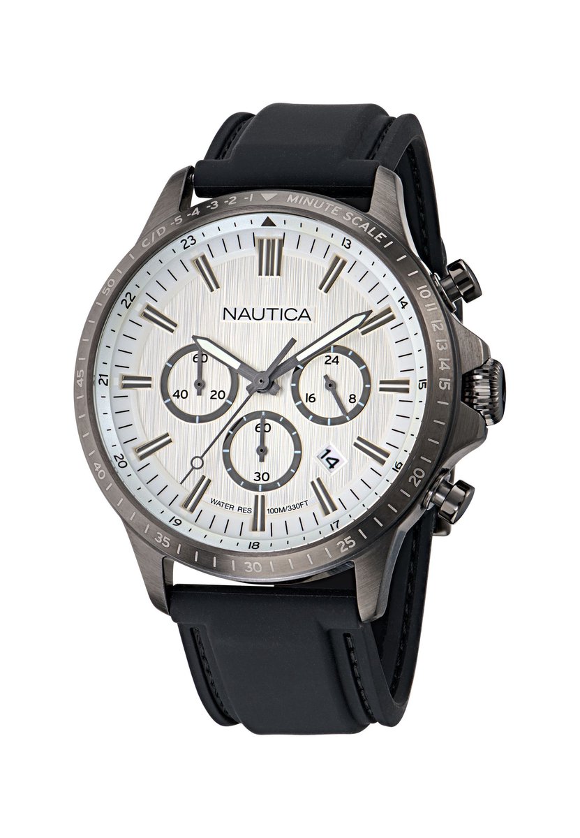 Nautica Nct Blueocean Quartz Chronograaf Horloge Wit En Zwart Kast: 100% Roestvrij Staal. Armband: 100% Siliconen 45 NAPBOS501, NAPBOS502, NAPBOS503, NAPBOS504