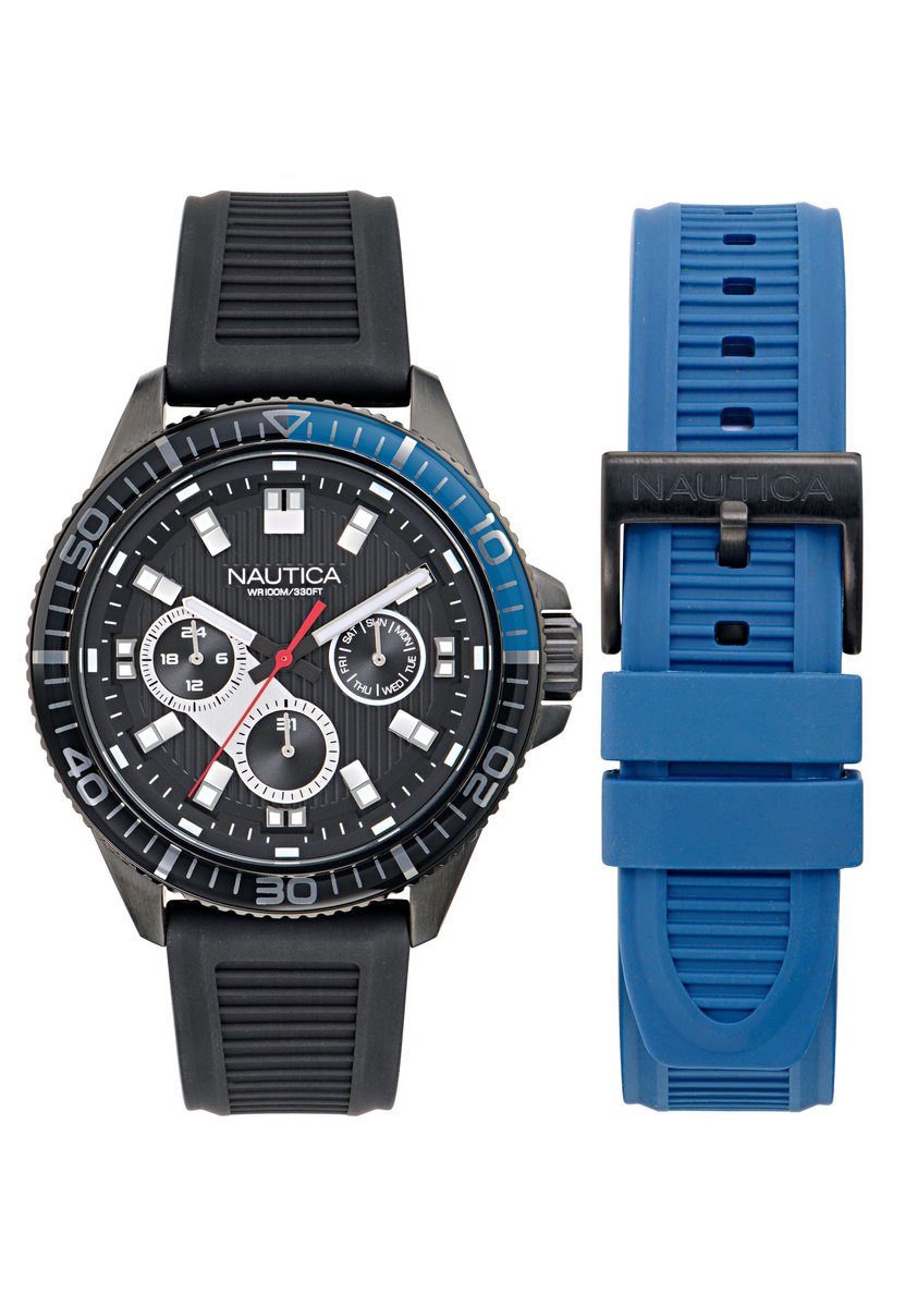 Nautica Nct Windrose Quartz Chronograaf Horloge Zwart Blauw Kast: 100% Roestvrij Staal. Armband: 100% Siliconen 46.5 NAPWRS503, NAPWRS504