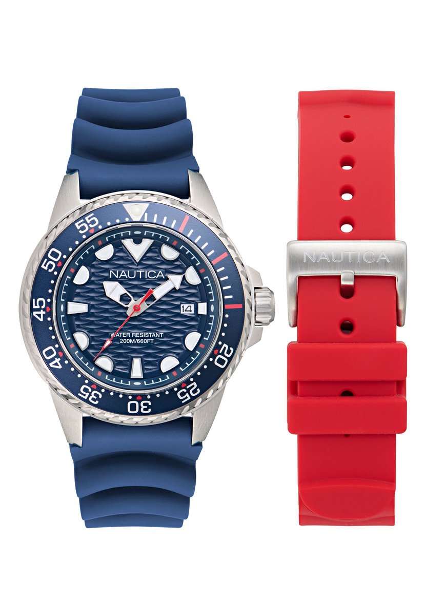 Nautica Nct Sea Dive - Box Set Quartz Analoog Horloge Blauw En Rood Kast: 100% Roestvrij Staal. Armband: 100% Siliconen 46 NAPSDS504, NAPSDS506