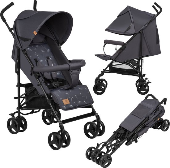 Grijze Lionelo Elia buggy met 5-punts gordel, verstelbare rugleuning en voetensteun. Inclusief mand en muskietennet.