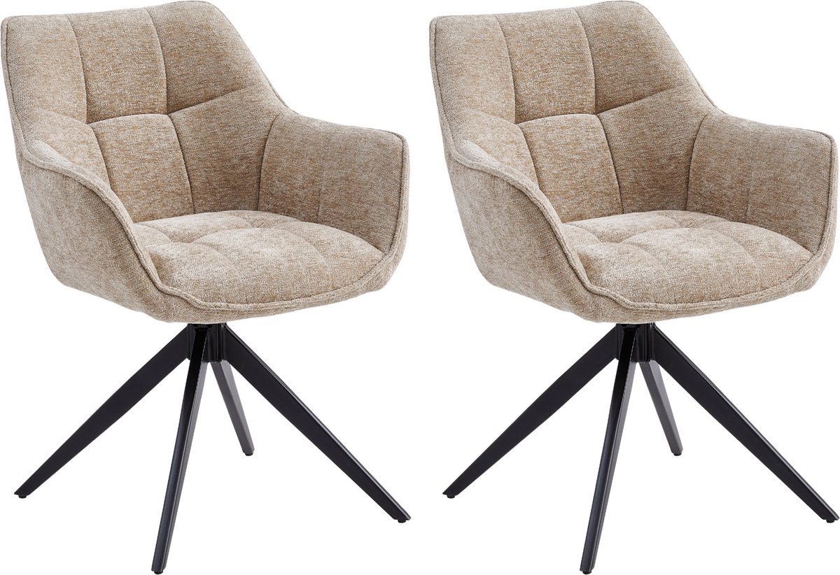 Colenis® - Boston Eetkamerstoel - Set van 2 - Taupe - Chenille Stof - Gestoffeerde zitting - Metalen poten - 180° - Draaistoel