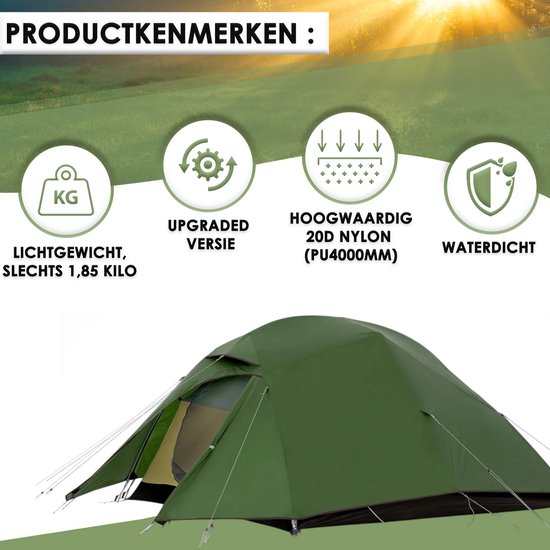 Cloud Up 3 Upgrade - Naturehike - Tente 3 personnes - Léger - Incl. tapis de sol gratuit - 20D 4000MM - Imperméable - Randonnée & Marche
