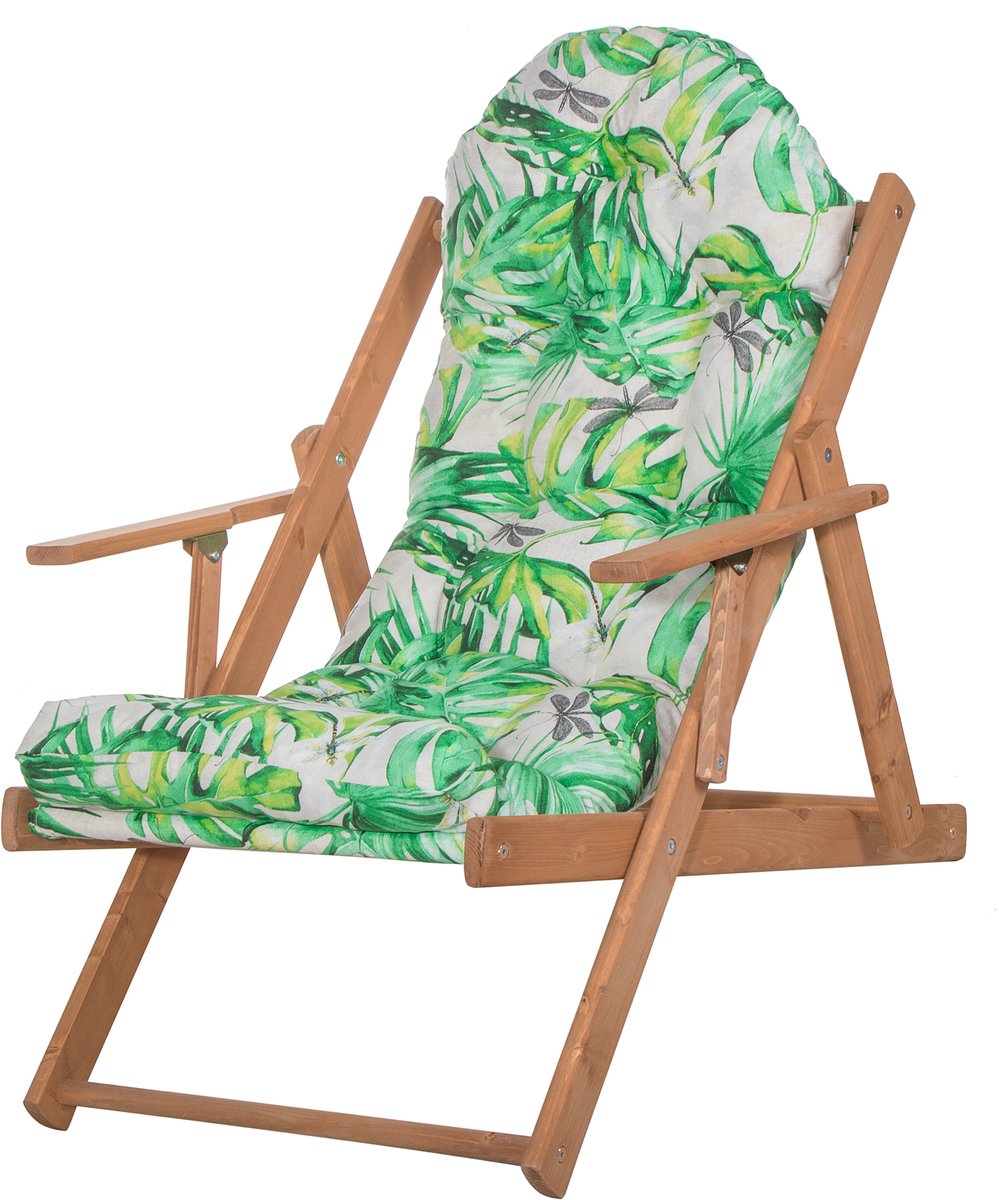 Springos Houten Ligstoel - Ligbed - Met Kussen - Verstelbaar - Weersbestendig - Bladeren - Grenenhout - 90 x 71 x 103 Cm