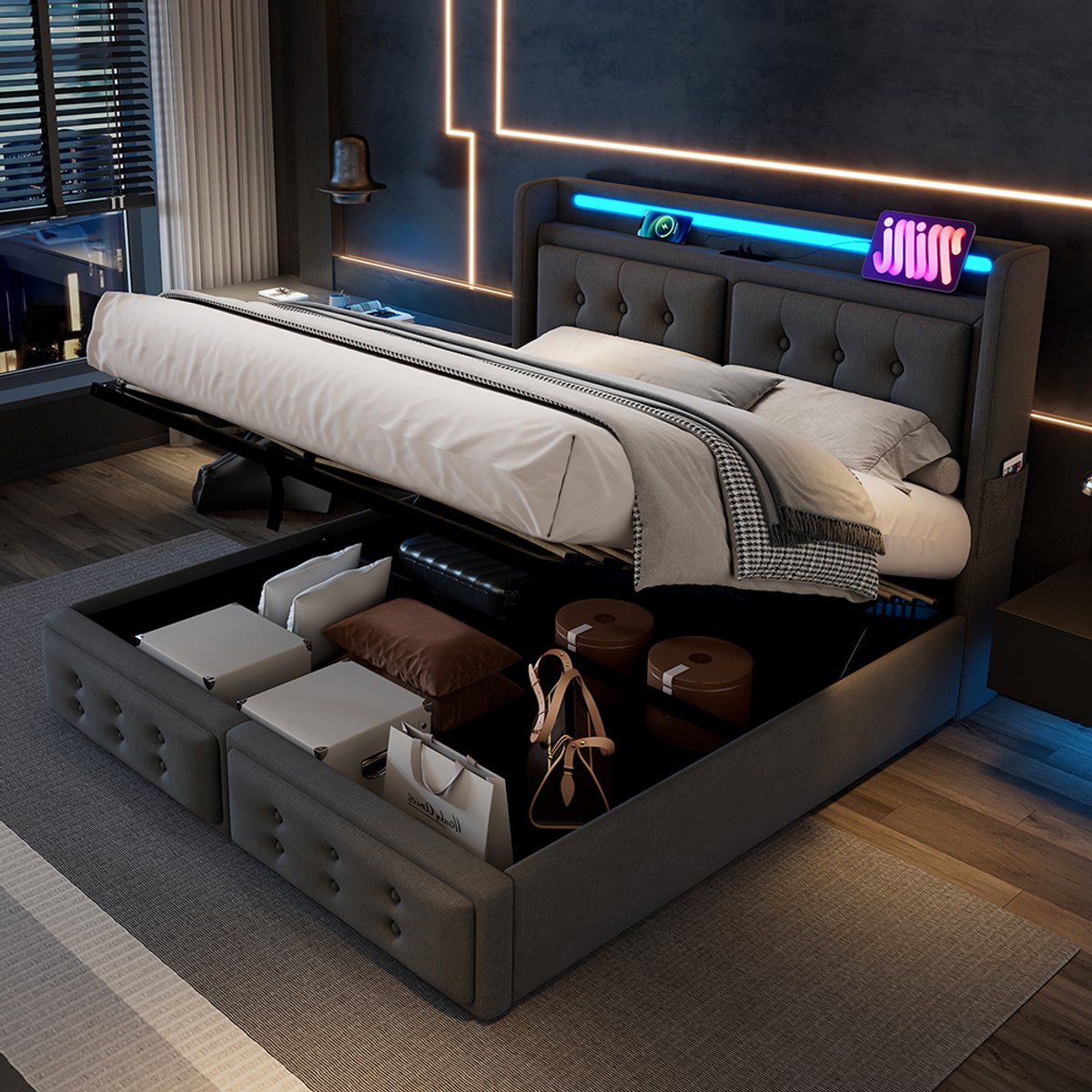 Pugsdrly Gestoffeerd bed 180x200, tweepersoonsbed met led-hoofdeinde en USB C-oplaadfunctie, hydraulisch bed met lattenbodem van hout en metalen frame, draagvermogen 300 kg, grijs, katoen (zonder matras)