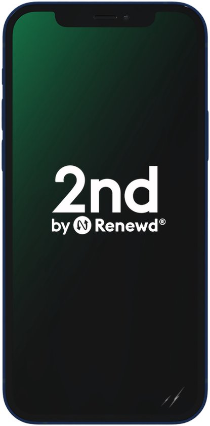 Donkerblauwe iPhone 12 met scherm waarop '2nd by Renewd' staat.