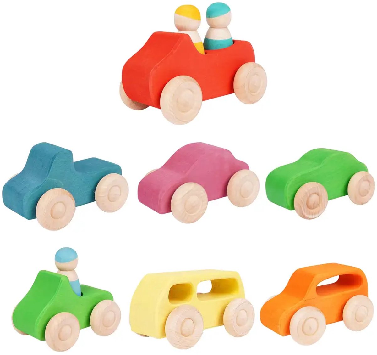 Houten speelgoedauto's met poppetjes - Educatief Montessori speelgoed - 1+ jaar