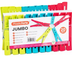 Plasticforte Wasknijpers XL formaat - 20x stuks - felle kleuren mix - kunststof - 10 cm - Was ophangen