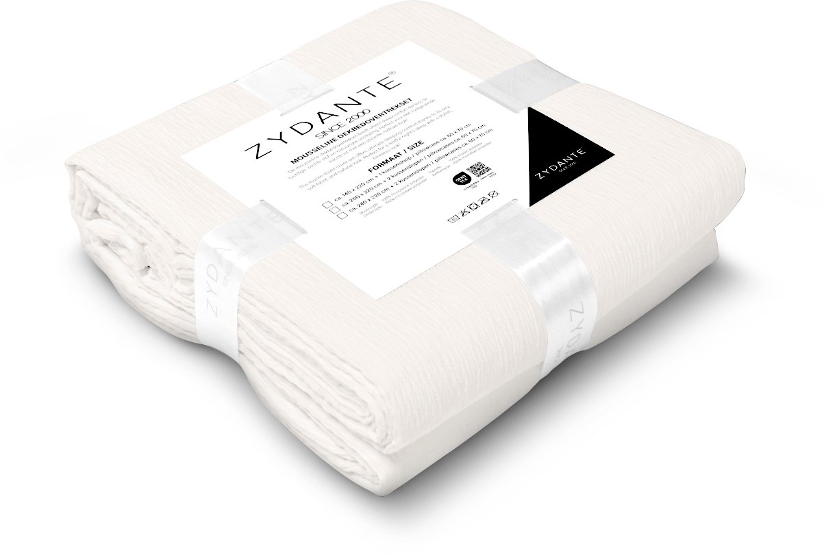 Zydante Dekbedovertrek Set 240x220 cm - Dekbedhoes met 2 Kussenslopen - Mousseline - Off White