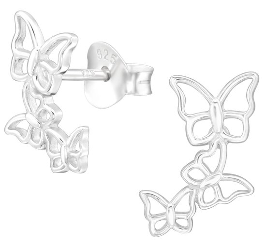 Joy|S - Zilveren vlinder oorbellen - 7 x 11 mm - 3 vlinders - oorknoppen