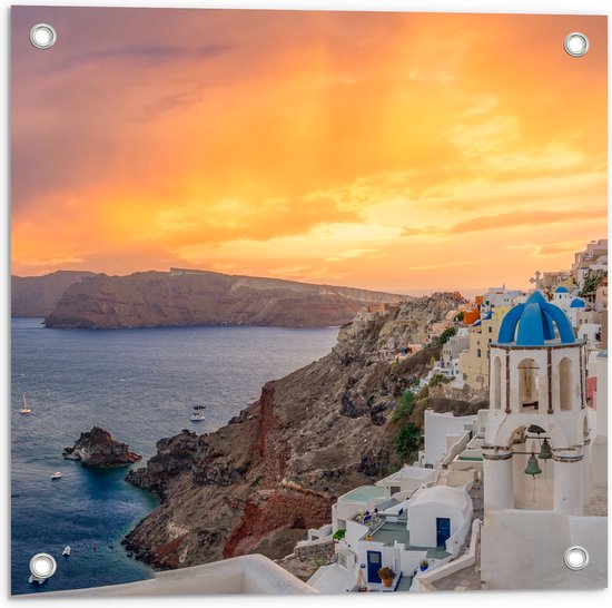 Tuinposter – Zonsondergang op het Griekse eiland Santorini - 50x50 cm Foto op Tuinposter (wanddecoratie voor buiten en binnen)