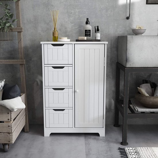 EUGAD Badkamerkast met 5 compartimenten, 1 lade, witte ladekast voor de badkamer, kast met verstelbare scheidingswanden, hoge kast gemaakt van MDF massief hout, 39 x 179 x 30 cm