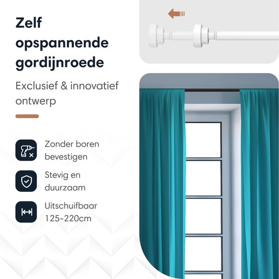 Zelfspannende GEON gordijnroede zonder boren. Uitschuifbaar van 125-220cm. Stevig en duurzaam. Met turquoise gordijnen voor een raam.