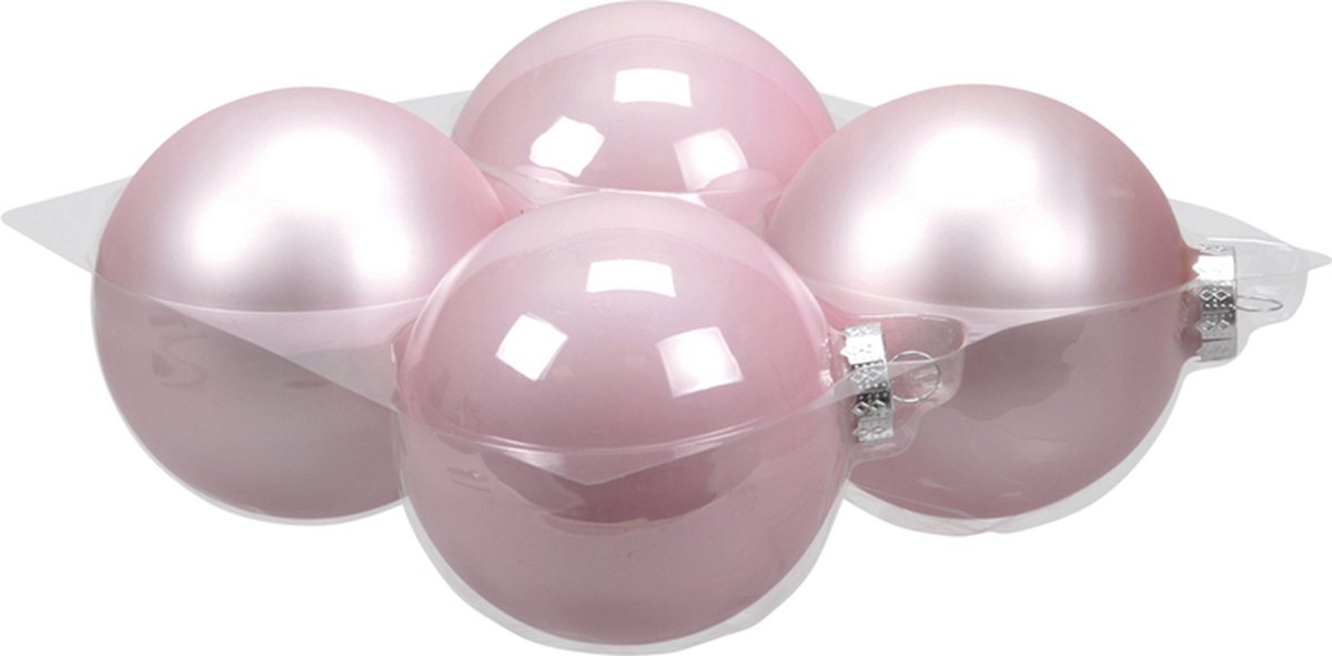 Powder Pink Combi Kerstballen - Cb. 4 Glassballs/cap Powder Pink 100 Mm
