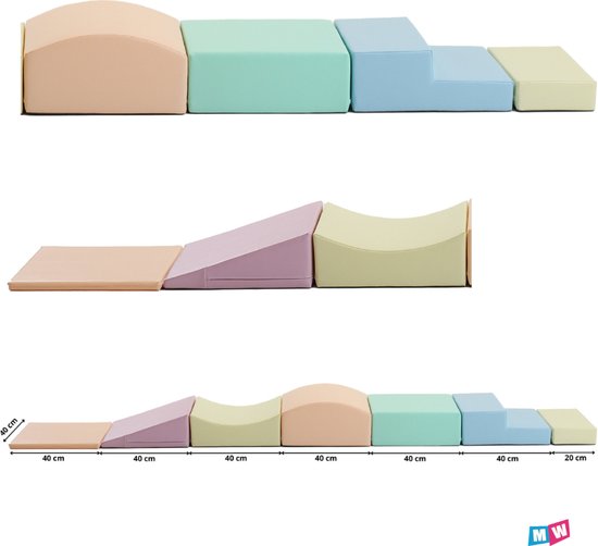 Ensemble de blocs de jeu souples dans des tons pastel doux, comprenant une rampe, un pont, un demi-cercle et des marches.