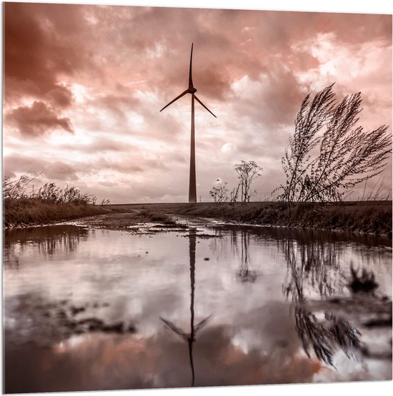 Acrylglas - Windmolen tussen de Wolken vanaf Kikkerperspectief - 100x100 cm Foto op Acrylglas (Met Ophangsysteem)