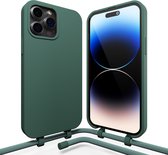 Coverzs Silicone case met koord - Telefoonhoesje met koord - Backcover hoesje met koord - touwtje - geschikt voor Apple iPhone 14 Pro - groen