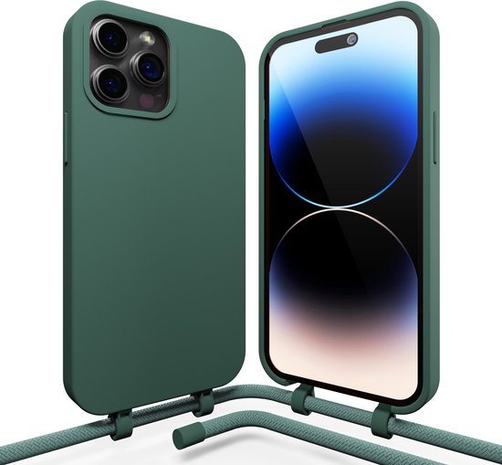 Coverzs Coque en silicone avec cordon - Coque pour téléphone avec cordon - Coque arrière avec cordon - cordon - convient pour Apple iPhone 14 Pro - vert