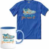 Run Like You Mean It | Hardlopen - Rennen - Sporten - T-Shirt met mok - Unisex - Royal Blue - Maat L
