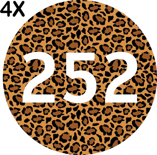Containerstickers Huisnummer "252" - 25x25cm - Panter Print Cirkel met Wit Nummer- Set van 4 dezelfde Vinyl Stickers - Klikostickers
