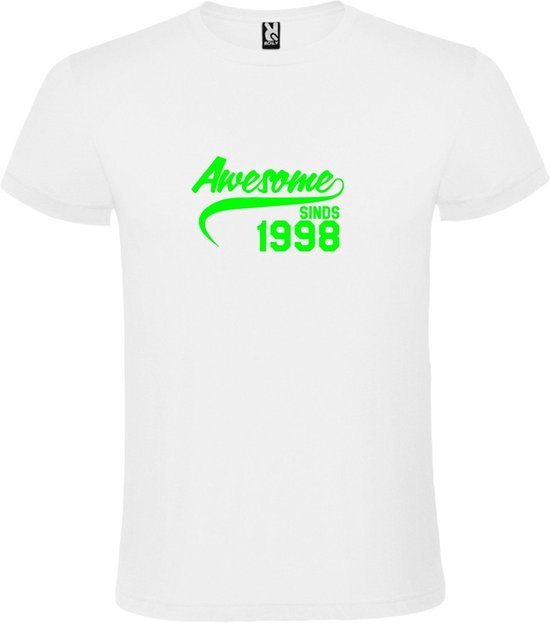 Wit T-Shirt met “Awesome sinds 1998 “ Afbeelding Neon Groen Size L