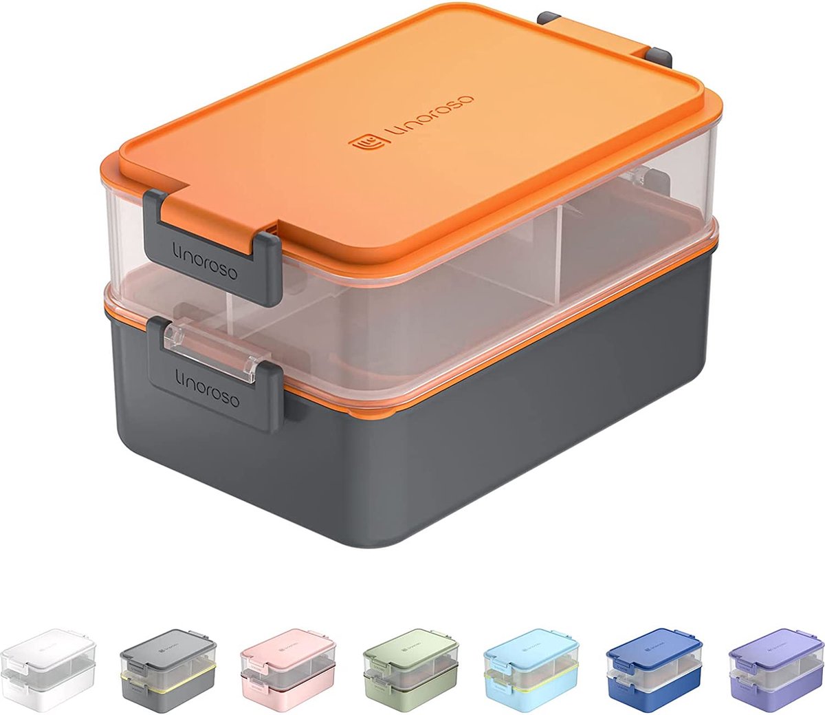 linoroso Stapelbare Bento Box Lunchbox voor volwassenen|Voldoet aan alles wat je nodig hebt voor boodschappen onderweg, Salade- en Snackbox, Premium Bento Lunchbox voor Kinderen Inclusief Gebruiksvoorwerp Set-Oranje